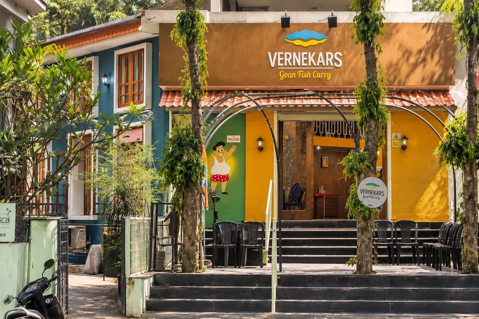 Vernekars restaurant storefront at night
