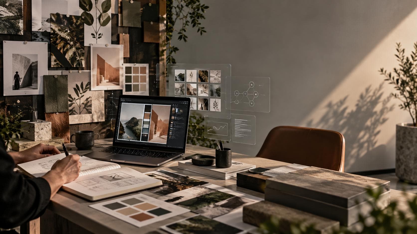 A creative workspace with brand moodboards, visual references and design tools